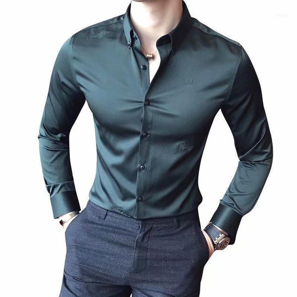 

men's dress shirts non-ironing anti-wrinkle version of british tight-fitting male embroidery slim solid color long-sleeved shir, White;black