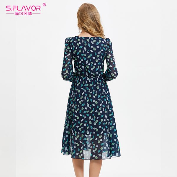 

2021s.flavor spring vintage leaves print bohemian dress women boho chiffon long sleeve a line dress o neck summer beach vestidos, Black;gray