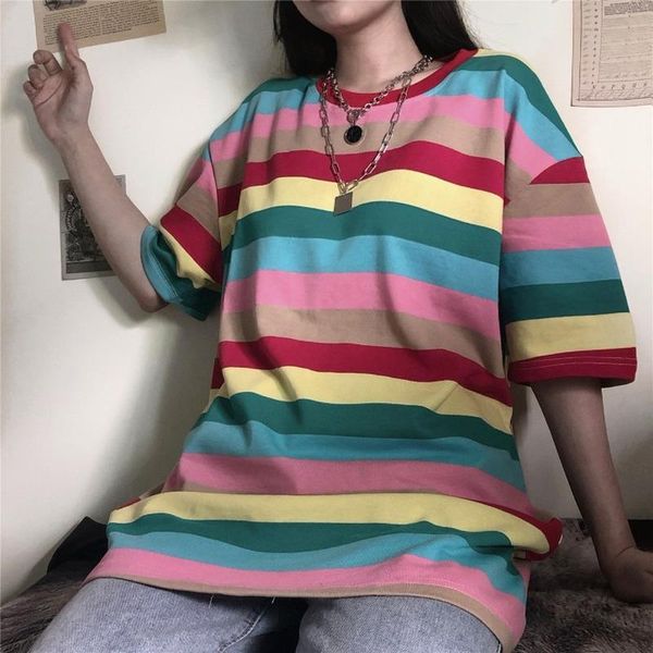 

women's t-shirt summer women clothes striped tees short sleeve harajuku ins loose hipster ladies o-neck casual style korean t shirt co, White