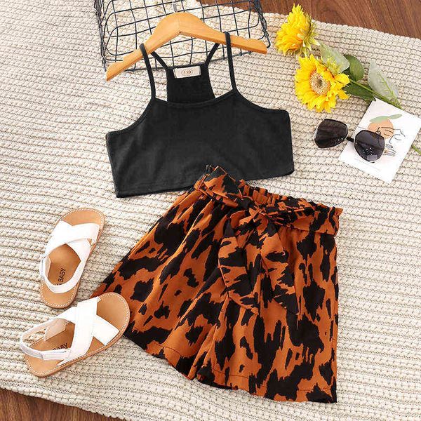 

european bag store childrens clothing 2022 summer new fashion girls camisole crop short-leopard shorts 2-piece suit 5-12y g220217, White