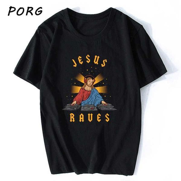 Jesus Raves Imprimir Mens Casuais T Camisetas Fashion Harajuku T-shirt Personalizada Manga Curta Tshirt Tshirt Punk Oversized 'S 210629