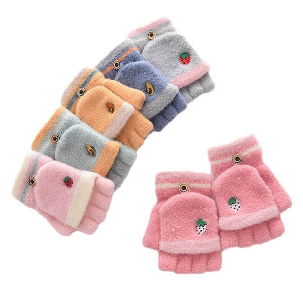 

children fingerless gloves fashion knit girls accessories student cartoon fruit keeping warm half five flip boys baby winter 4-7y b9068, White