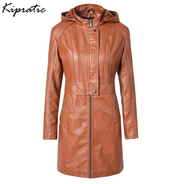 

women's leather & faux elegant women flocking warm jacket hooded pu long motorcycle office lady coat outerwear, Black