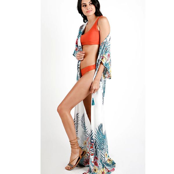 

long kimono cardigan plus size beach wear clothes bohemian floral printed belted cotton tunic wome and blouse n1053 210416, White;black