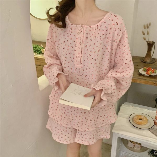 

women's sleepwear soft comfortable cherry print 100% cotton summer pajamas set women home clothes 2 piece long sleeve shorts p, Black;red