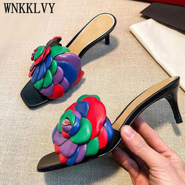 

slippers real leather petal flower high heel slipper women shoes summer square open toe beach slides outdoor dress sandals for girls, Black
