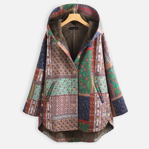 

women's jackets women warm coats vintage plus size casual ethnic printed hooded outwear fashion long sleeve bottons 2021 autumn winter, Black;brown
