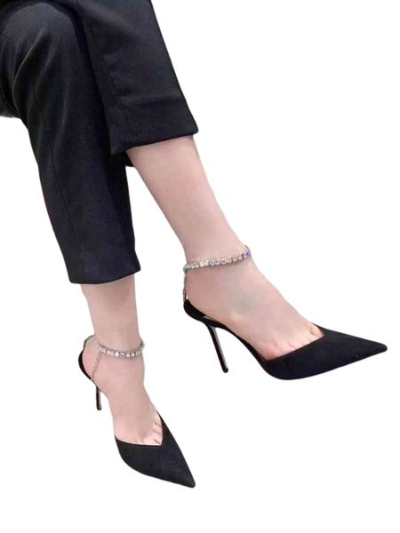 

women's formal shoes high heels with drop pointed water sandals sheep drill chain wedding shoes, Black