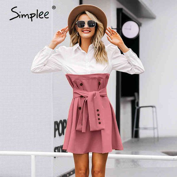 

patchwork puff sleeve shirt women elegant button sash belt office dresses autumn ladies khaki work dress 210414, Black;gray