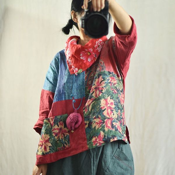 

johnature autumn cotton linen retro patchwork print shirt loose leisure o-neck plate buckle fashion all-match women 210521, White