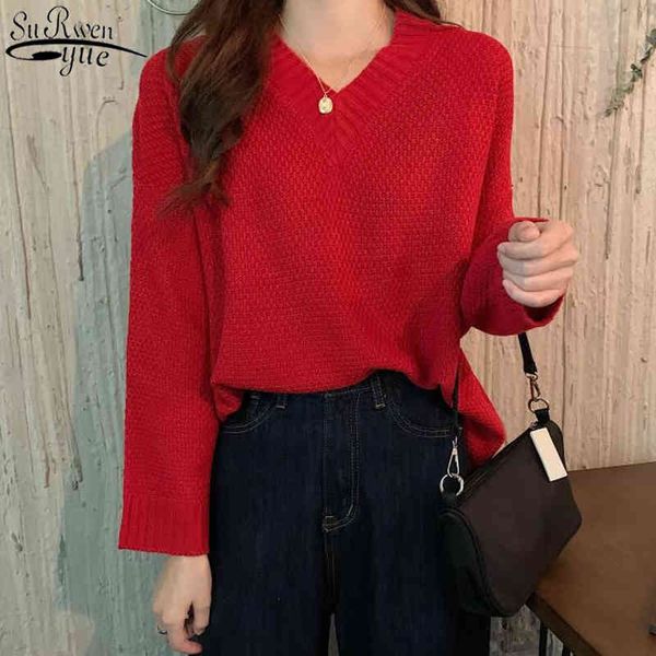 

korean style vintage casual v-neck knitted long sleeve sweater autumn all-match solid color pullover women jumper 11632 210427, White;black