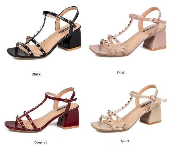 

studs high heels women 2021 square head chunky open toe sandals sandalias mujer, Black