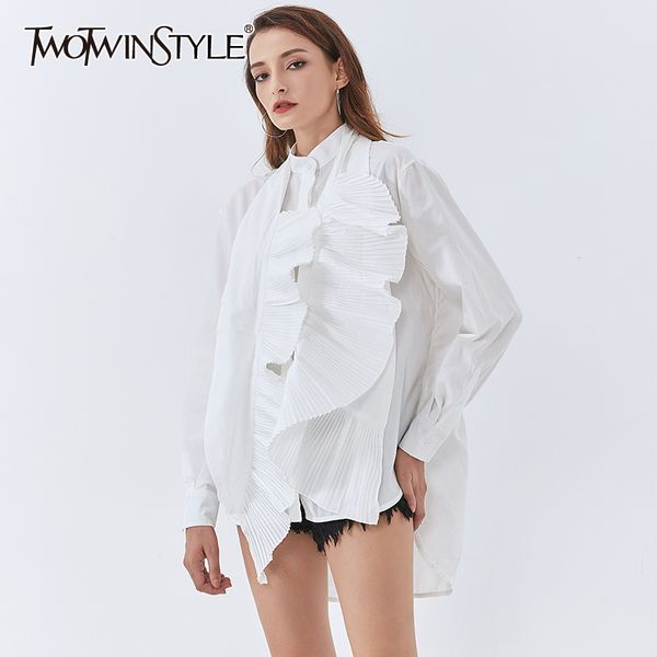 

patchwork ruched ruffle shirt for women o neck long sleeve casual blouse female fashion clothing autumn 210524, White
