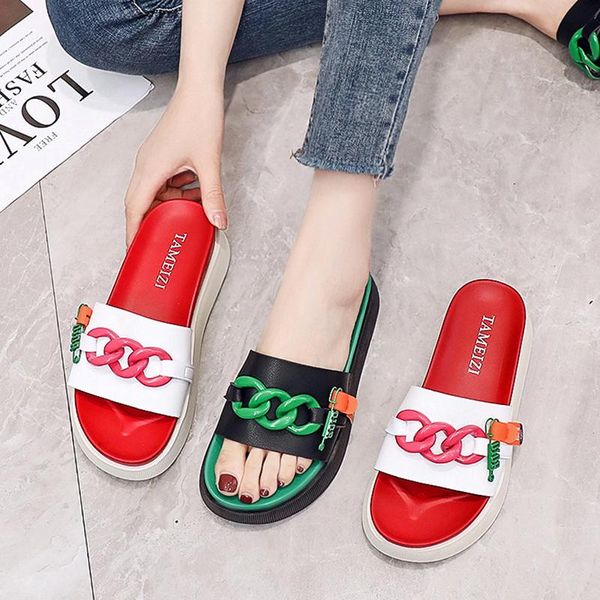 

slippers 2021 summer fashion women's solid color chain ladies outdoor slides flat breathable beach shoes woman casual flip flops, Black