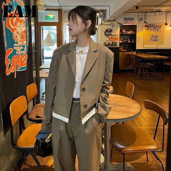 

women's suits & blazers [eam] women khaki contrast color big size short blazer lapel long sleeve jacket fashion tide spring autumn 2021, White;black