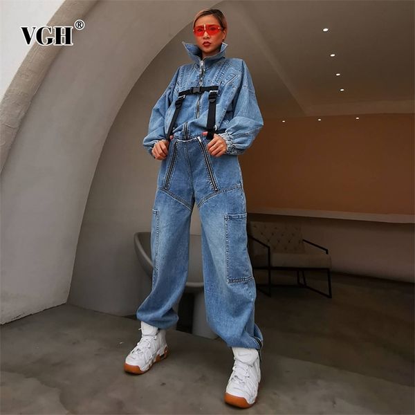 Denim-Overalls in voller Länge für Frauen, Stehkragen, lange Ärmel, Patchwork, Hit-Farbe, lose Designer-Hosen, weibliche Kleidung 210531