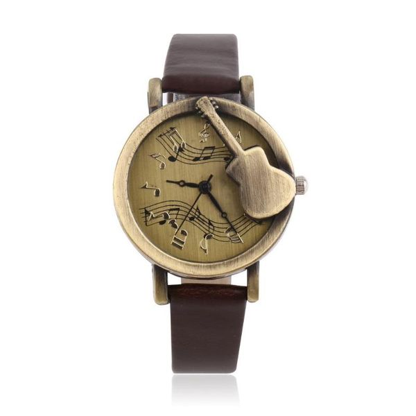 

vintage unique design guitar pattern stave dial music notation analog quartz wrist watch pu leather watchs retro gift wristwatches, Slivery;brown