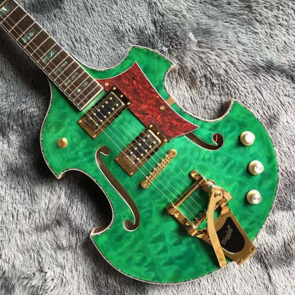 2021 New Grets Grand Especial Forma de Corpo Irregular Elétrica Guitarra Semi-oco Flamed Maple Top em Verde