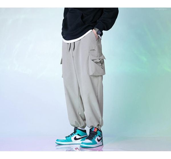 

men's pants 2021 spring reflective drawstring cargo loose large pockets casual sports, Black