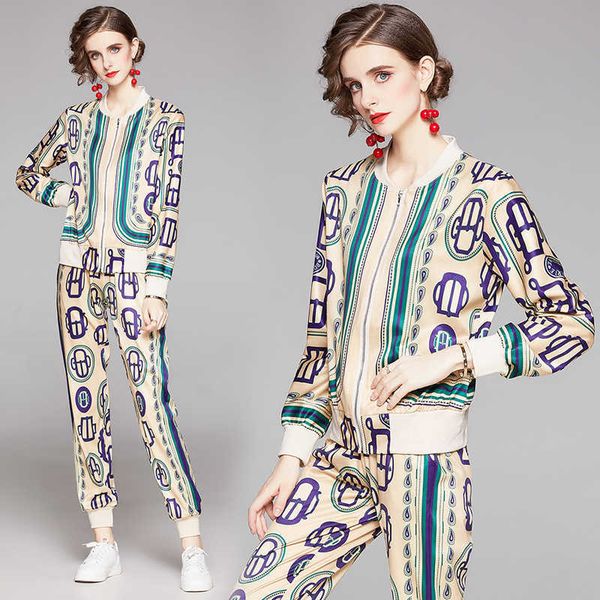 

spring summer fall runway 2 piece womens sets vintage floral letters print collar long sleeve jacket coat pant suits outfits 210930, White