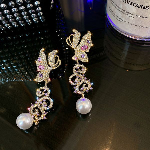 

925 silver needle inlaid diamond butterfly mori pearl earrings, Golden;silver