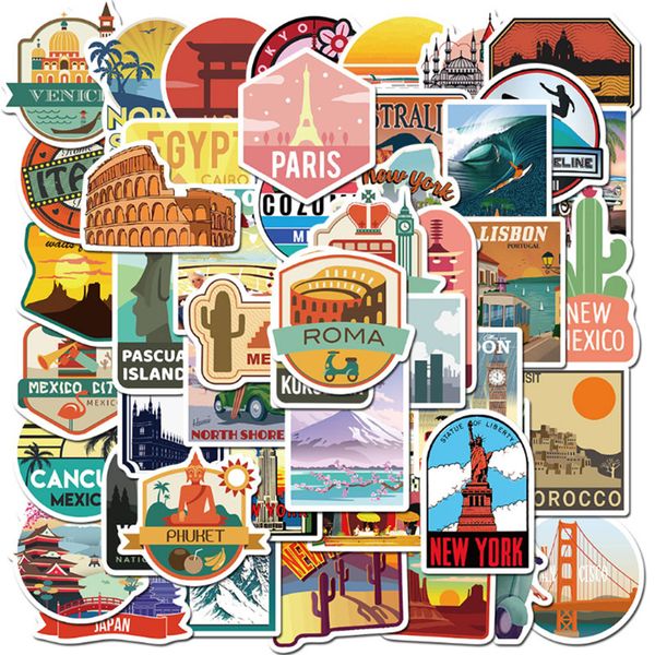 

50 pcs travel city scenery graffiti waterproof skateboard travel suitcase phone lapluggage stickers cute kids girl toys