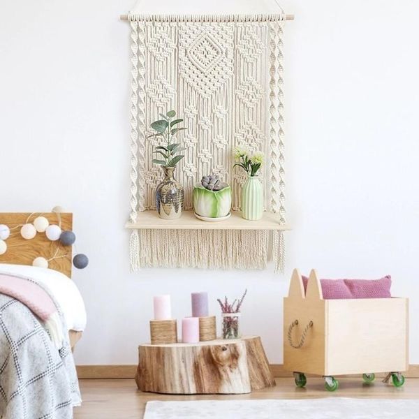 

tapestries creative bohemian macrame tapestry rack hand-woven wall hanging flower storage wooden shelf room decor gift