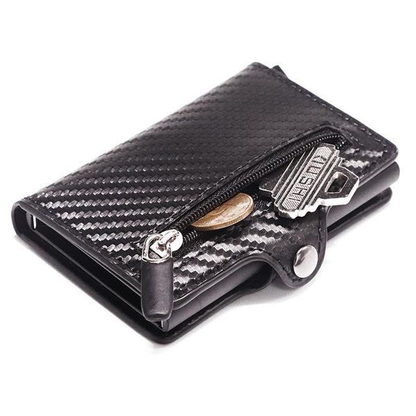 

card holders zovyvol coin purse id holder with zipper carbon fiber anti rfid business men button wallet male, Brown;gray