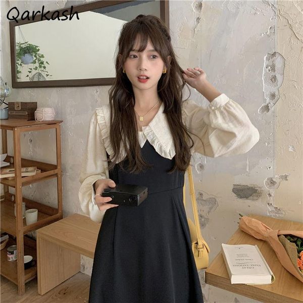 

casual dresses dress women preppy fake two pieces design black patchwork loose temperament vestidos all-match french style fall retro ins, Black;gray