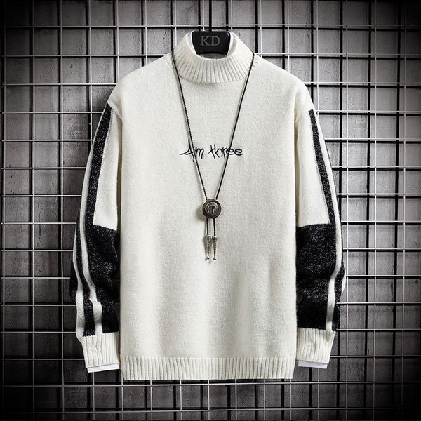 

sweater knit men's clothing autumn and winter t shirt thickened half high collar pullover jacquard backing fashion, White;black