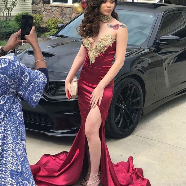 

african strapless lace mermaid split prom dresses with appliques sweep train formal evening party gowns plus size, Black;red