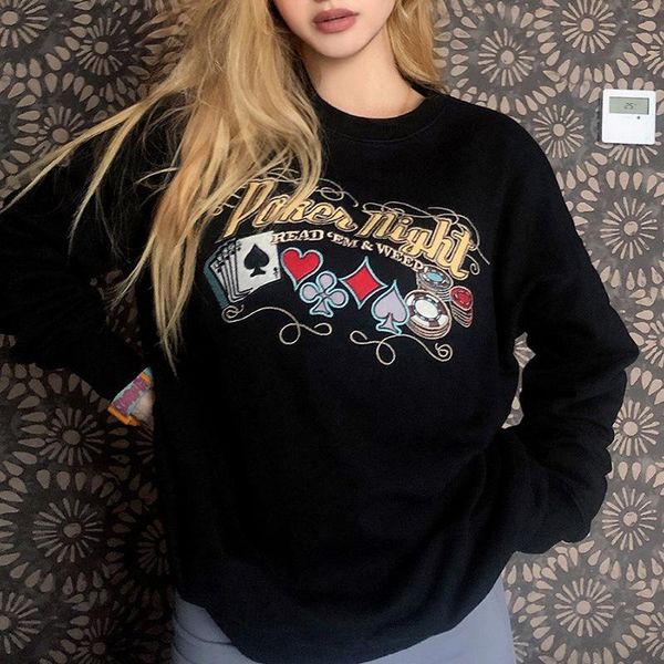 

women's hoodies & sweatshirts black poker letter embroidery vintage crewneck sweatshirt women long sleeve fashion casual autumn chic d