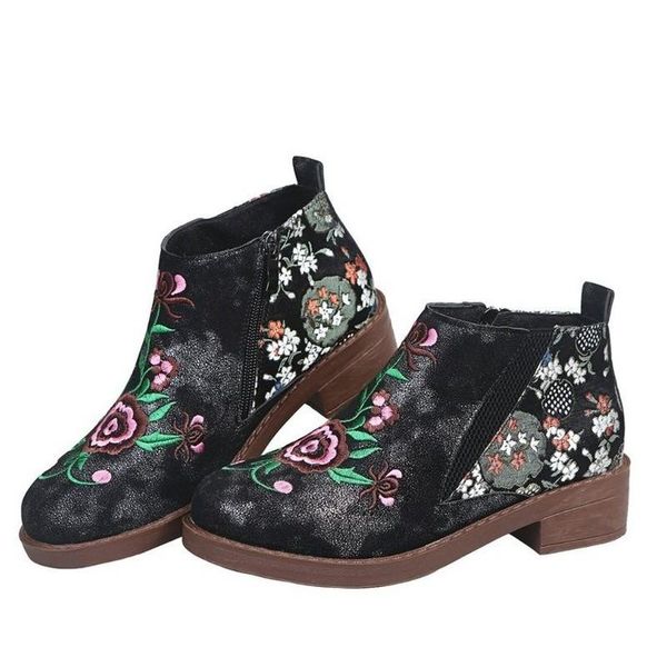 

boots 2021 vintage embroidery flower ankle women shoes woman leather splicing zipper casual ladies botas mujer, Black