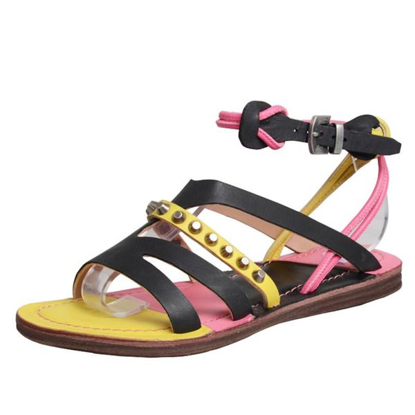 

mixed color women flat sandals summer beach shoes woman casual flats genuine leather straps sandalias mujer gladiator sandal, Black