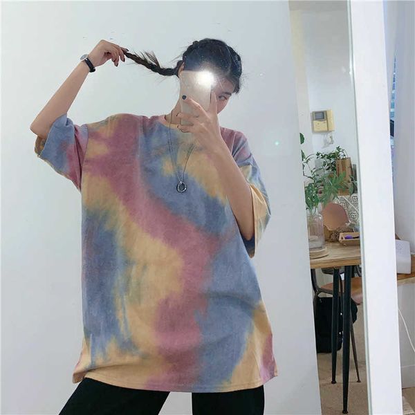 

women's t-shirt korean style fashion tie dye t shirts women harajuku streetwear summer hip hop tees female vintage oversized 1, White