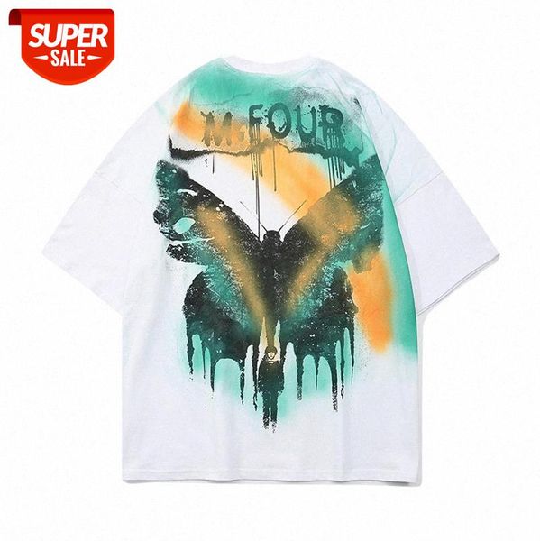 

european and american high street old ink t-shirt, fashion brand oversize loose butterfly print short-sleeved tee men women #bn2n, White;black