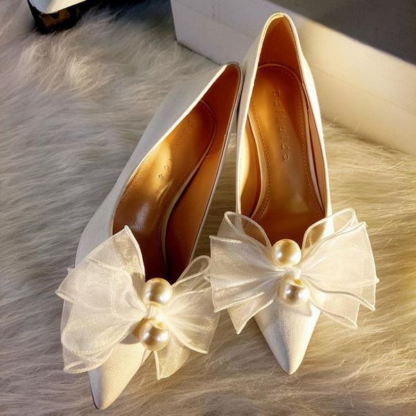 

dress shoes wedding sweet silk pointed toe pumps for brides slip-on bow pearl high-heeled single thin heels ladies shoe, Black