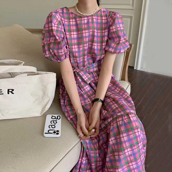 

[ewq] korea chic casual womens dress fashion o neck robe plaid loose tie puff sleeve ruffle midi trendy women summer, Black;gray