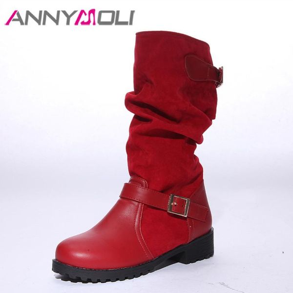 

boots annymoli platform flat mid calf woman pleated short round toe shoes buckle female footwear autumn winter red size 43, Black
