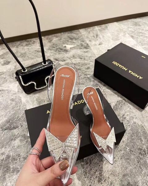 

2021 transparent diamond bow high heel shoe shine cap toe heels fine tip with the empty women's singles shoes summer crystal fairy wind, Black