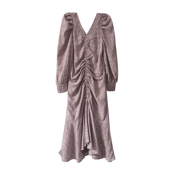 

velvet pink chiffon floral flower print v neck long sleeve midi mid-calf mermaid dress drawstring lace up d1562 210514, Black;gray