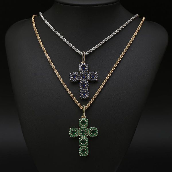 

pendant necklaces fashion hip hop rapper jewelry prong set cz stone bling iced out green blue cross necklace for men and women, Silver