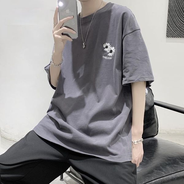 

men's t-shirts summer daisy embroidery loose round neck t shirt korean streetwear casual fashion couple clothes hip hop short sleeve me, White;black