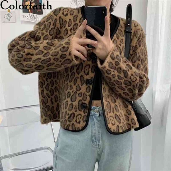 

autumn winter women's knitwear v-neck leopard fake mink cashmere button short cardigans lady swc1100jx 210427, White;black