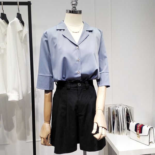 

solid colour casual shirt for women summer short sleeve business elegant blouse 2021 new fashion suit collar all-match shirt, White