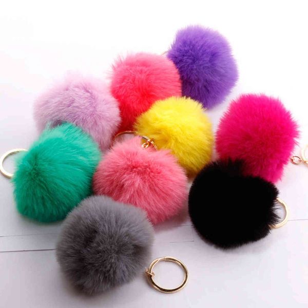 10 teile/los 18 Farben Flauschigen Fell Pom Schlüsselanhänger Spielzeug Weiche Faux Rex Kaninchen Fell Ball Auto Schlüsselring Pompom Schlüssel Ketten geschenk Für Baby Kinder H1126