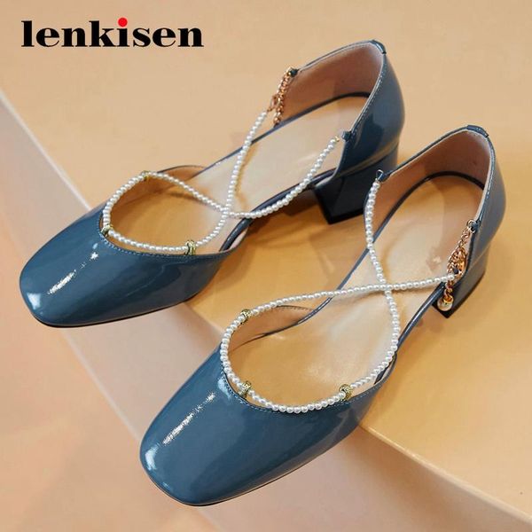 

dress shoes lenkisen french romantic full grain leather chain decorations beading square toe thick med heels buckle strap women pumps l7f2, Black