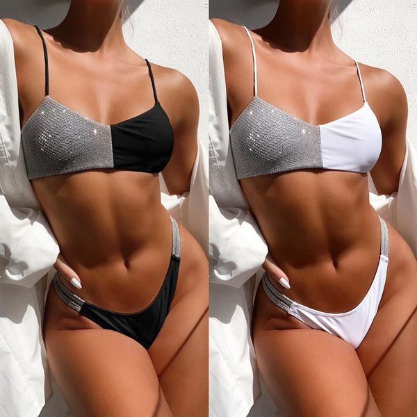 

women's swimwear glitter bikini ladies split swimsuit stitching patchwork wire low waist jump suits for women, White;black