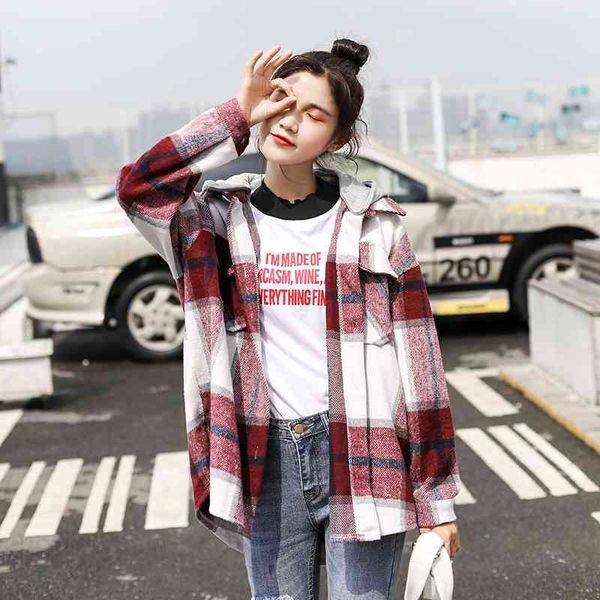 

vintage stylish pockets oversized hoodies plaid jacket coat women fashion long sleeve loose outerwear chic 210702, Black