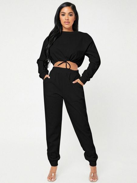 

sxy solid drop shoulder drawstring crop sweatshirt & sweatpants d1y1#, White